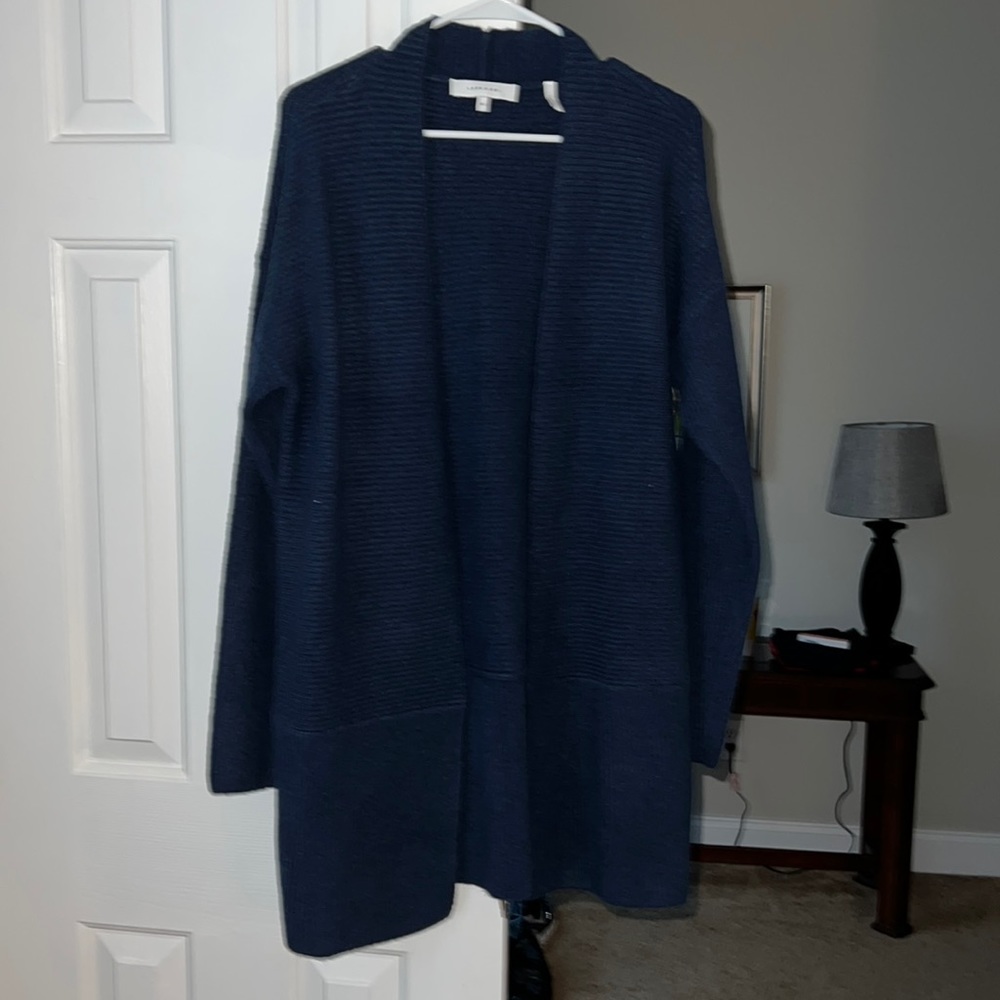 Like new Lark & Ro navy long sweater draped front. Size Medium